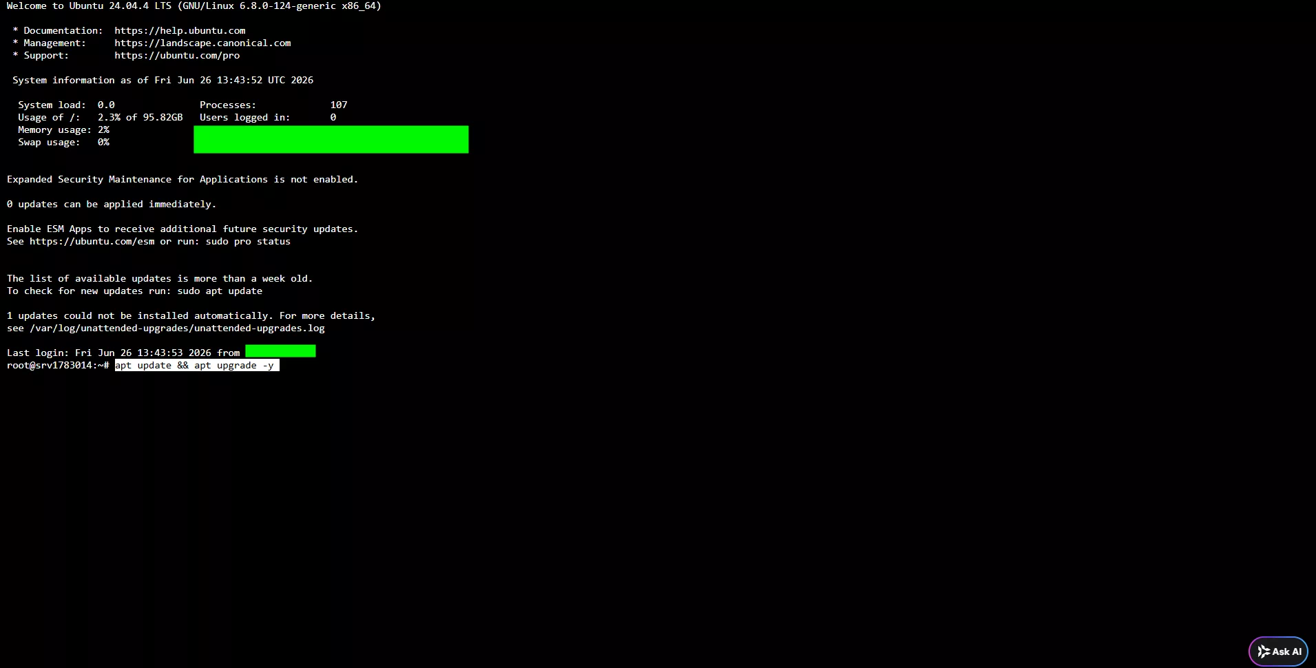 Image Showing Hostinger VPS terminal