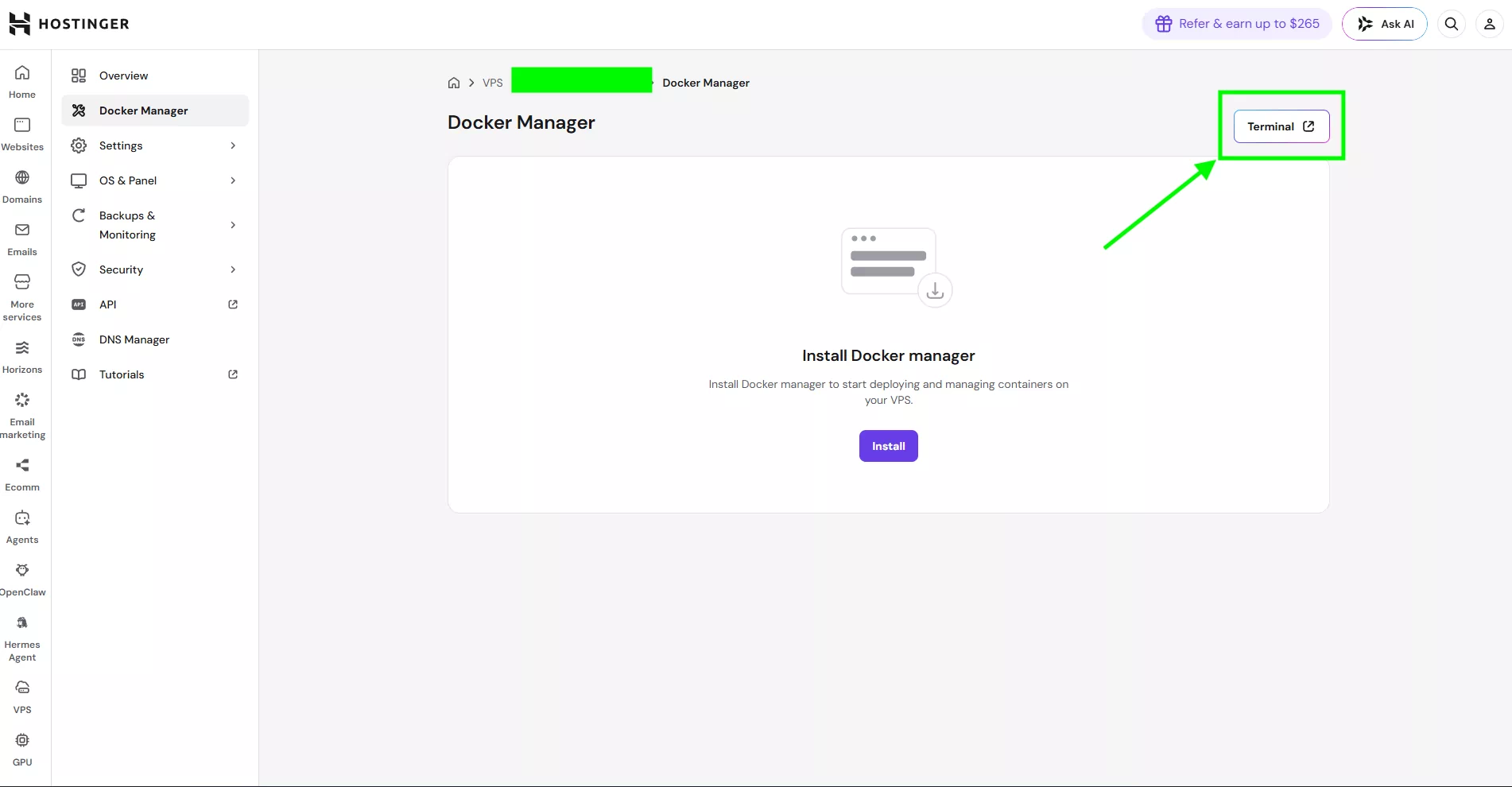 Image Showing Hpanel And Indicating How to Open the VPS terminal