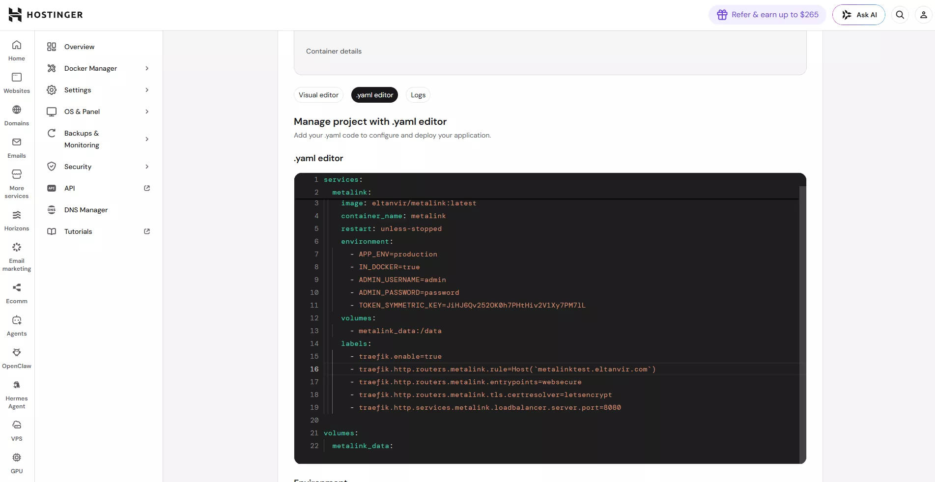 Image Showing Using Manual Docker Compose In Docker Manager In hPanel